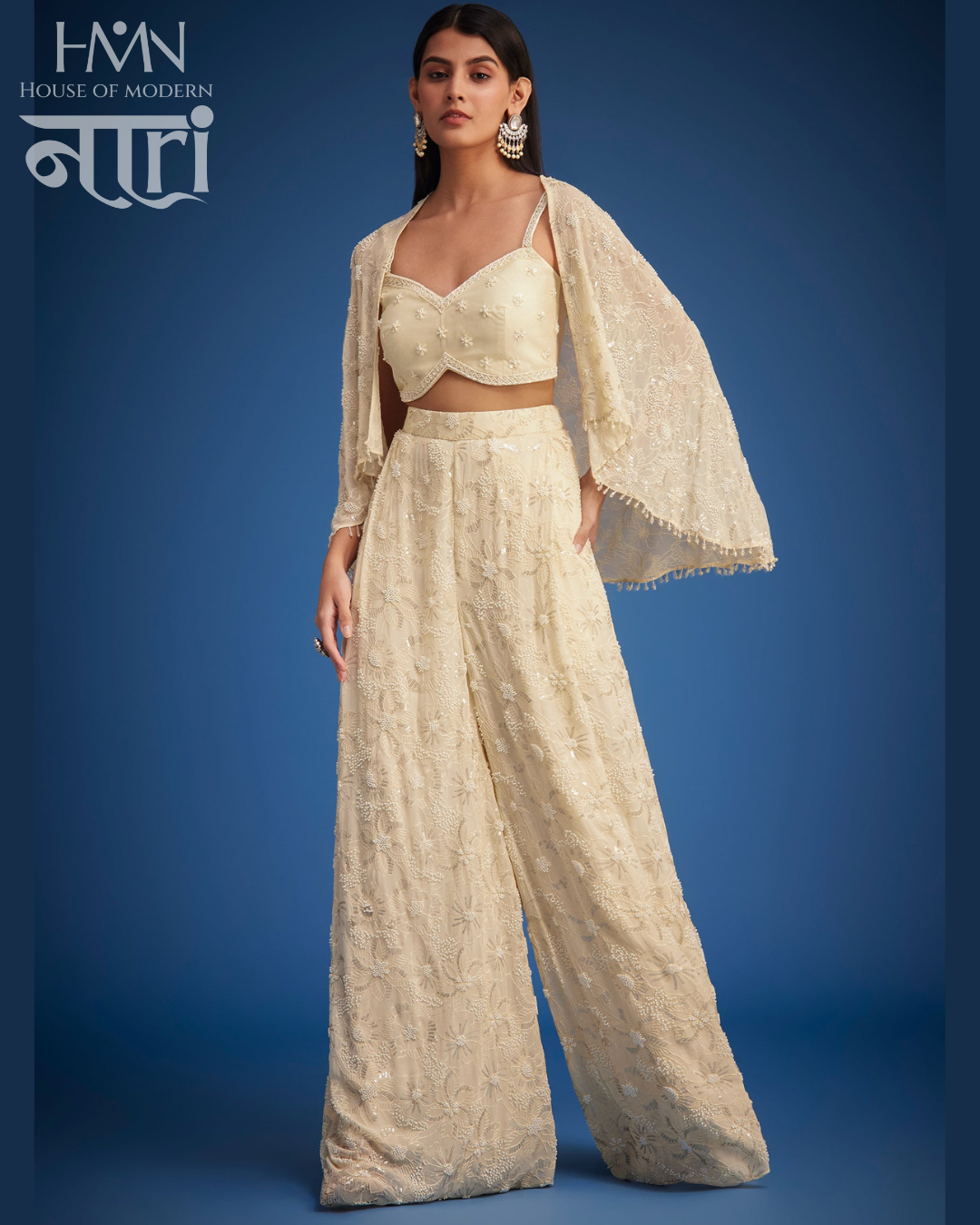 Women’s Ivory Embroidered Co-ord Set with Cape  Festive  Party Wear