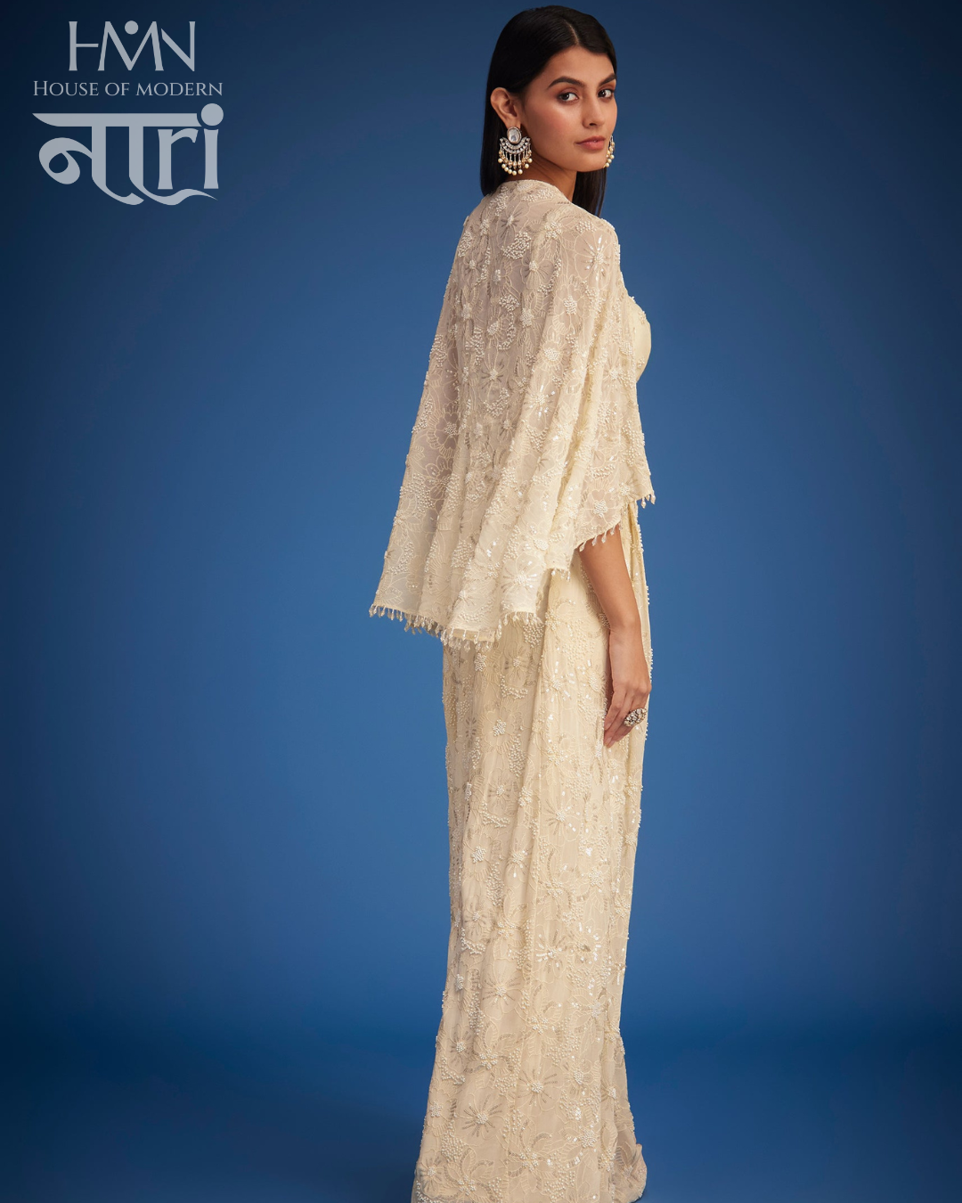 Women’s Ivory Embroidered Co-ord Set with Cape  Festive  Party Wear