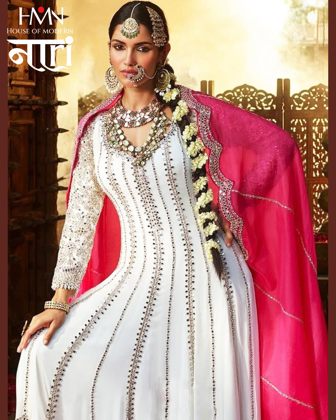 Women’s White Mirror Work Anarkali Kurta Set with Pink Dupatta  Festive  Wedding Wear