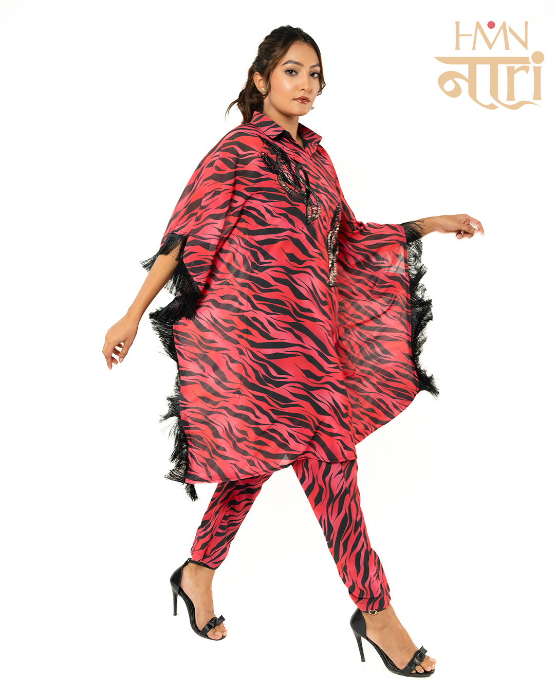 Women Pink And Black Animal Print Kaftan Co-ord Set with Fringe Detailing