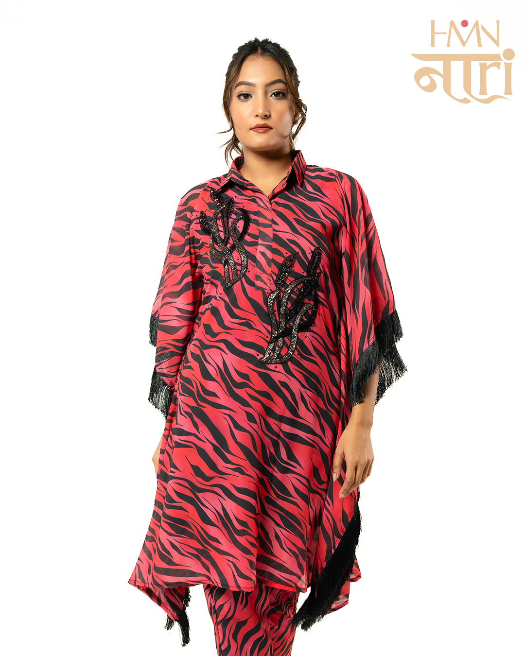 Women Pink And Black Animal Print Kaftan Co-ord Set with Fringe Detailing