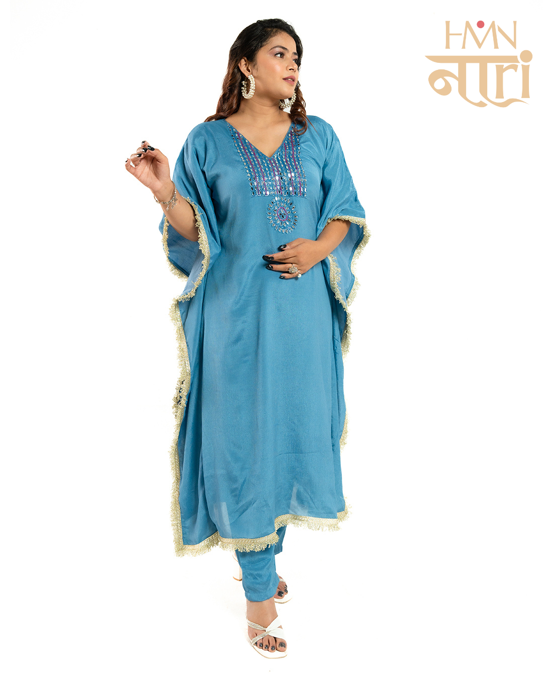 Women's Blue Kaftan Kurta Set with Sequin Embroidery And Tassel Detailing | Festive Ethnic Co-ord Set