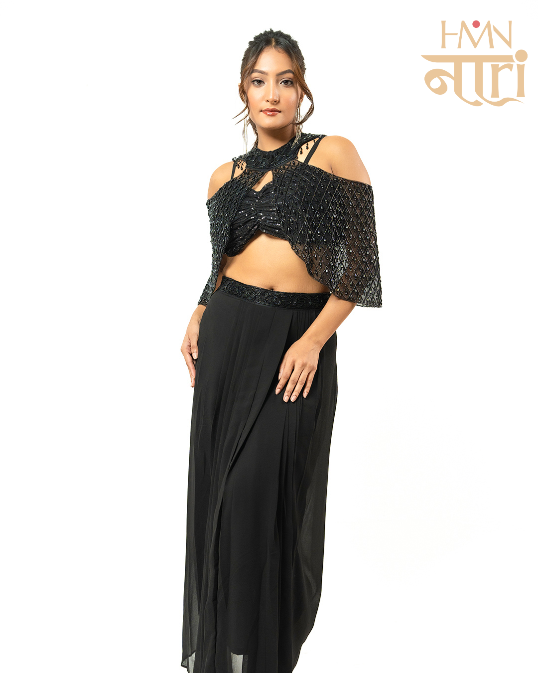 Women's Black Embellished Cold-Shoulder Cape Top with Draped Skirt | Indo-Western Party Co-ord Set