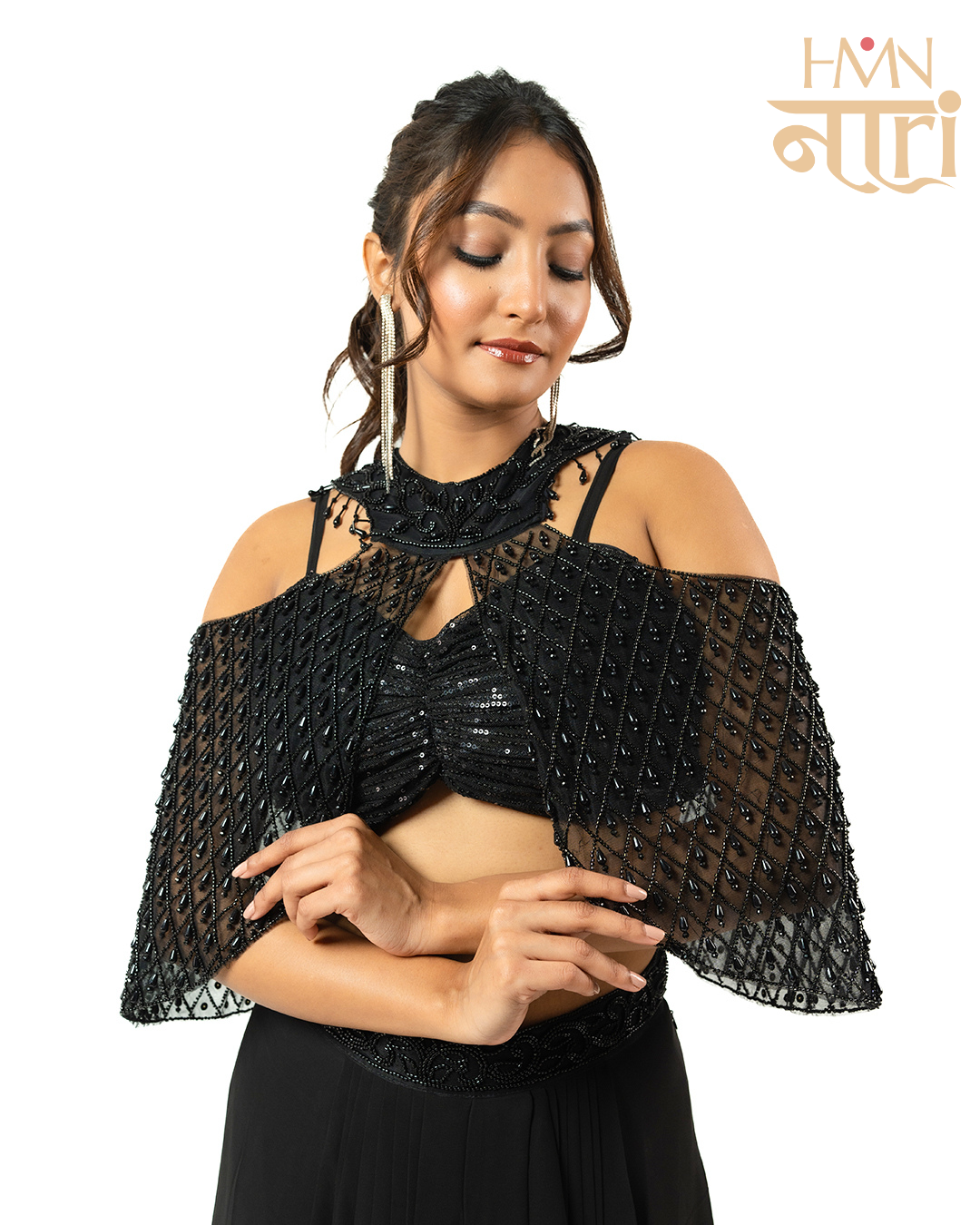 Women's Black Embellished Cold-Shoulder Cape Top with Draped Skirt | Indo-Western Party Co-ord Set