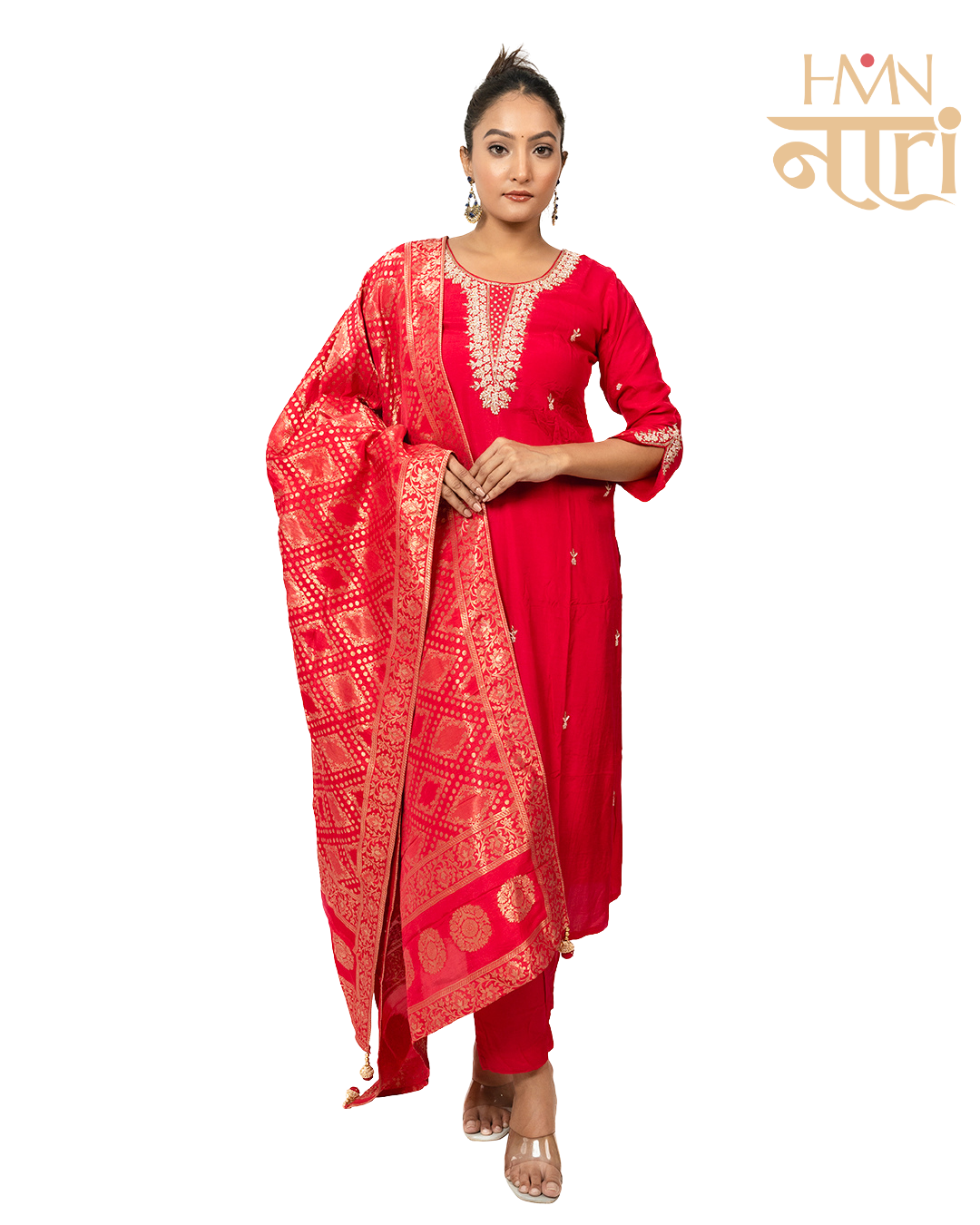 Pink Hand-Embroidered Kurta Set with Banarasi Dupatta