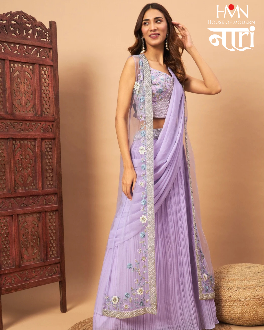 Lavender Embellished Draped Saree Lehenga Set with Floral Jacket 
