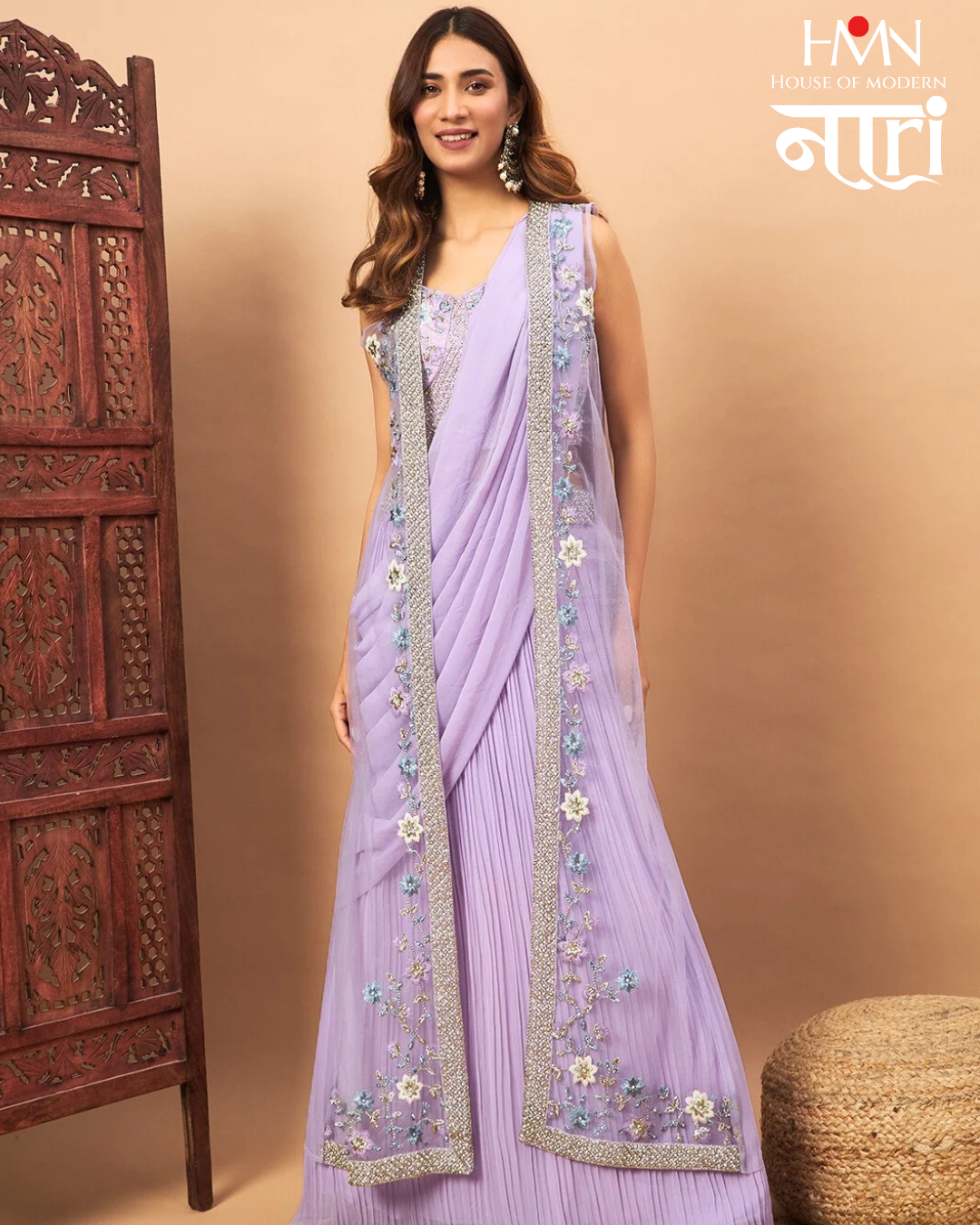 Lavender Embellished Draped Saree Lehenga Set with Floral Jacket 