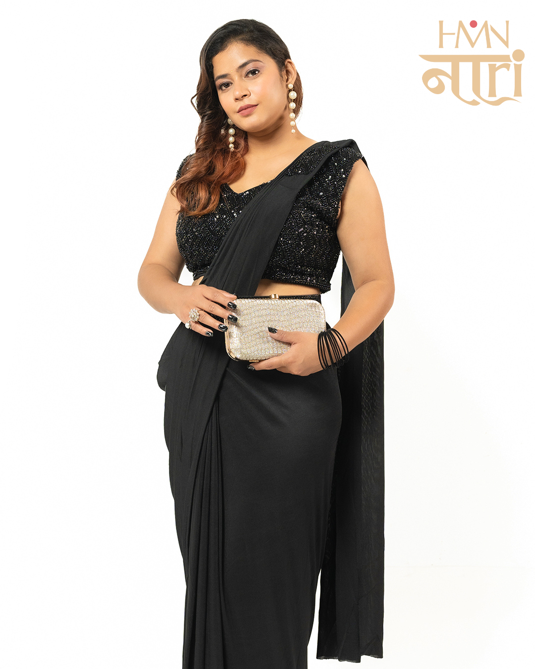  Black Ready to Wear Draped Saree with Embellished Blouse And Matching Belt