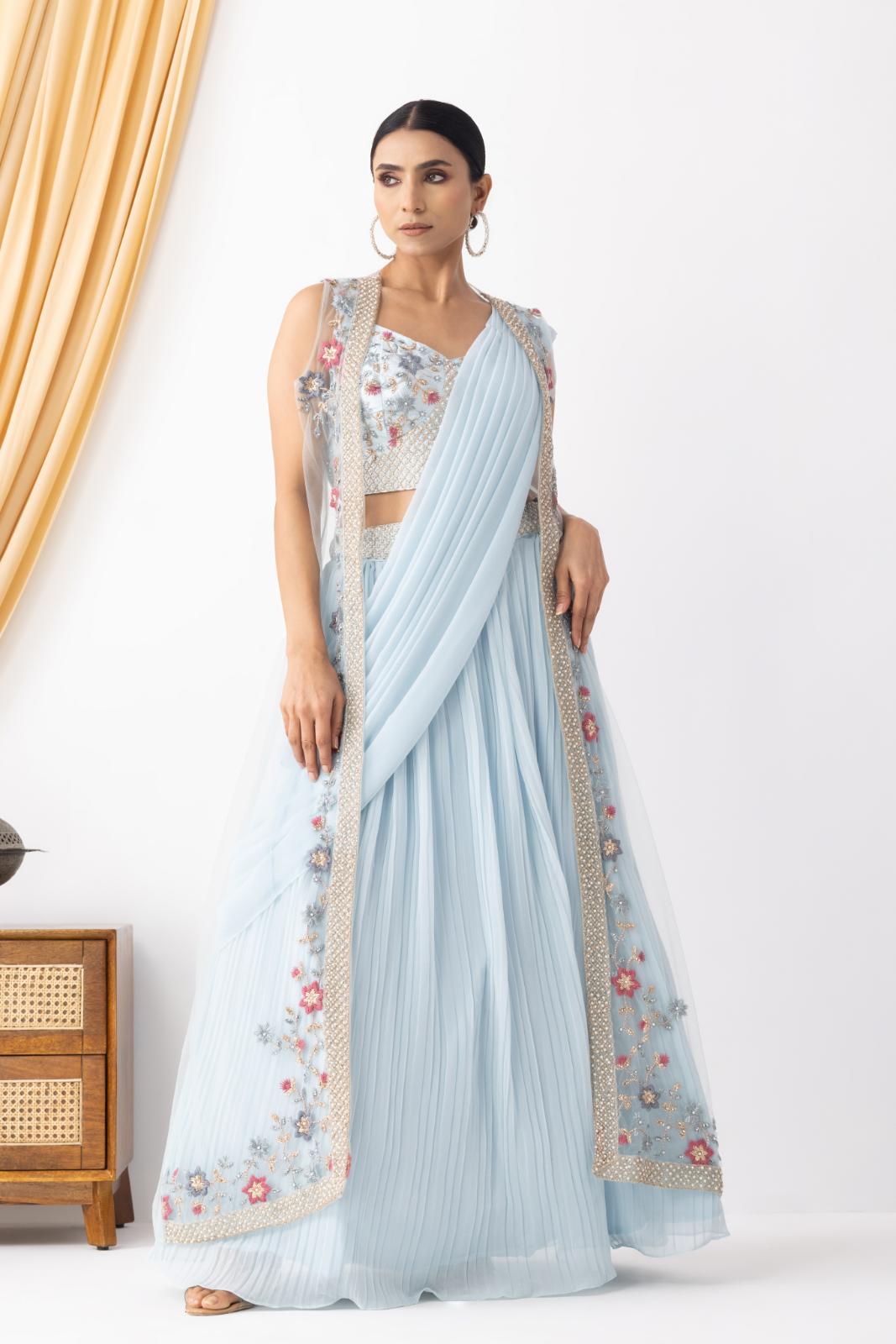 Powder Blue Embroidered Lehenga Set with Draped Dupatta 