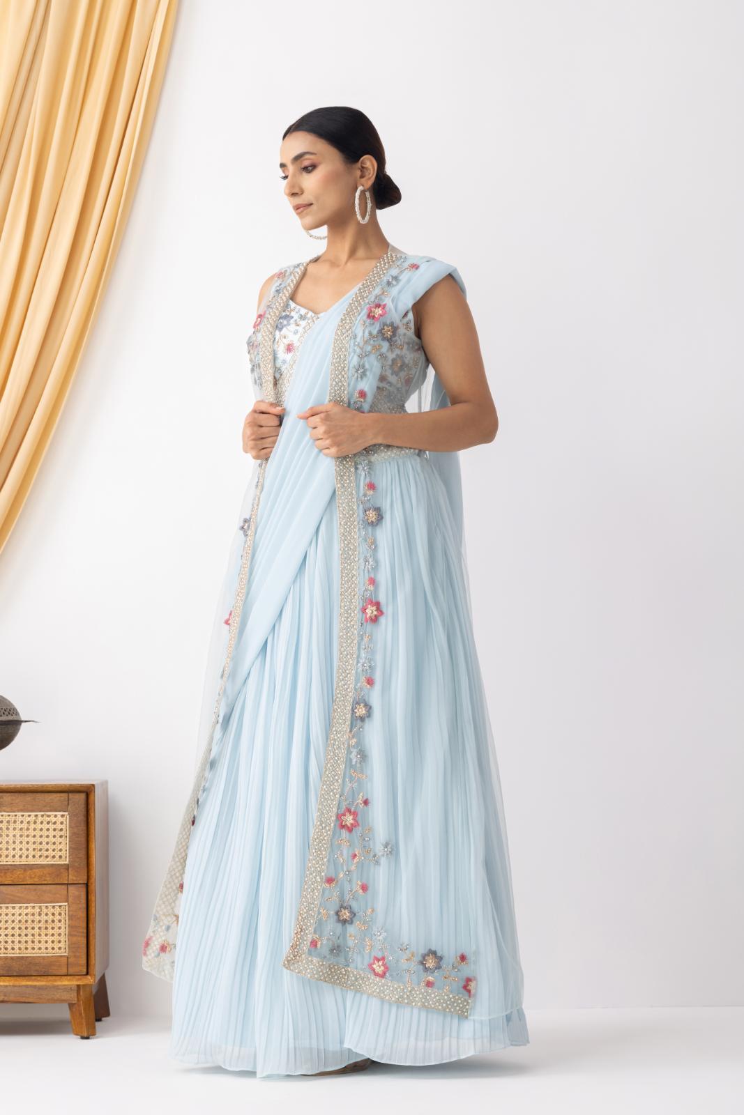 Powder Blue Embroidered Lehenga Set with Draped Dupatta 