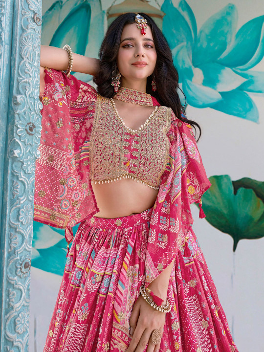 Womens Rani Pink Printed Lehenga Set with Embroidered Blouse and Dupatta Festive and Wedding Wear