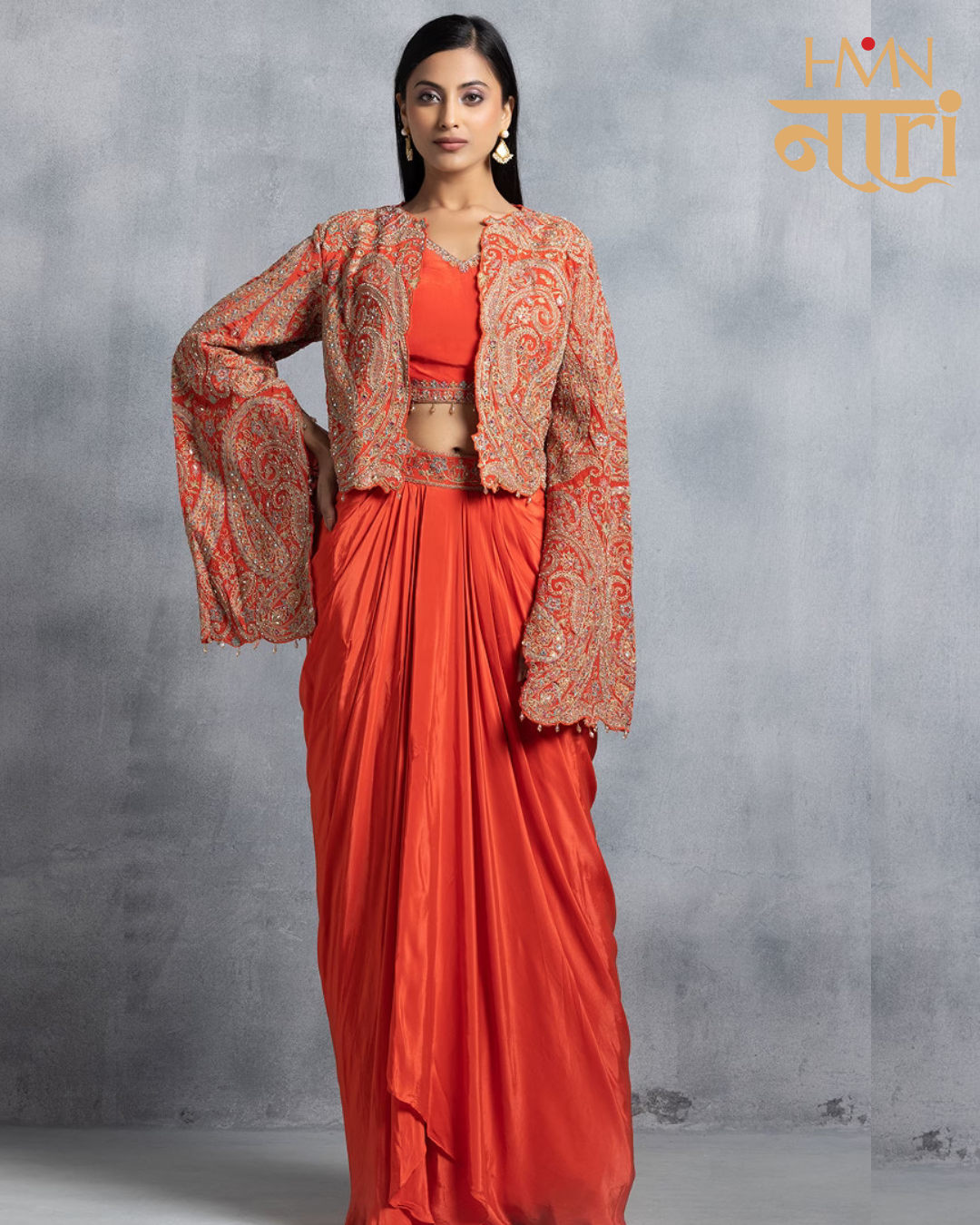Women Coral Orange Embellished Draped Skirt Set with Embroidered Jacket Indo-Western Festive Wear