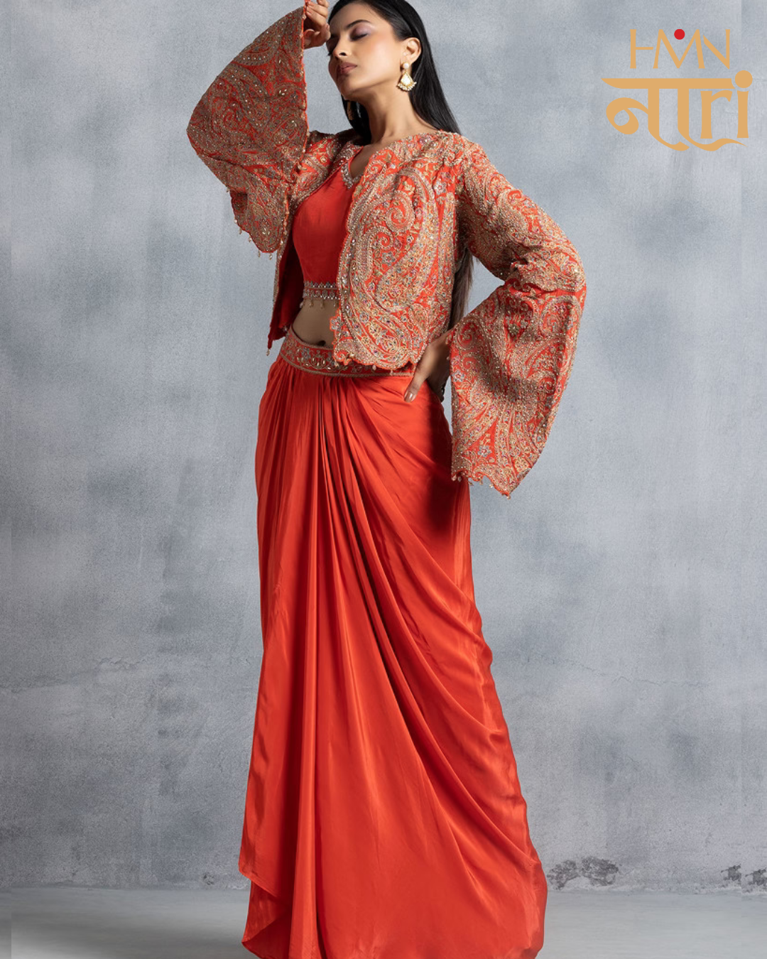 Women Coral Orange Embellished Draped Skirt Set with Embroidered Jacket Indo-Western Festive Wear