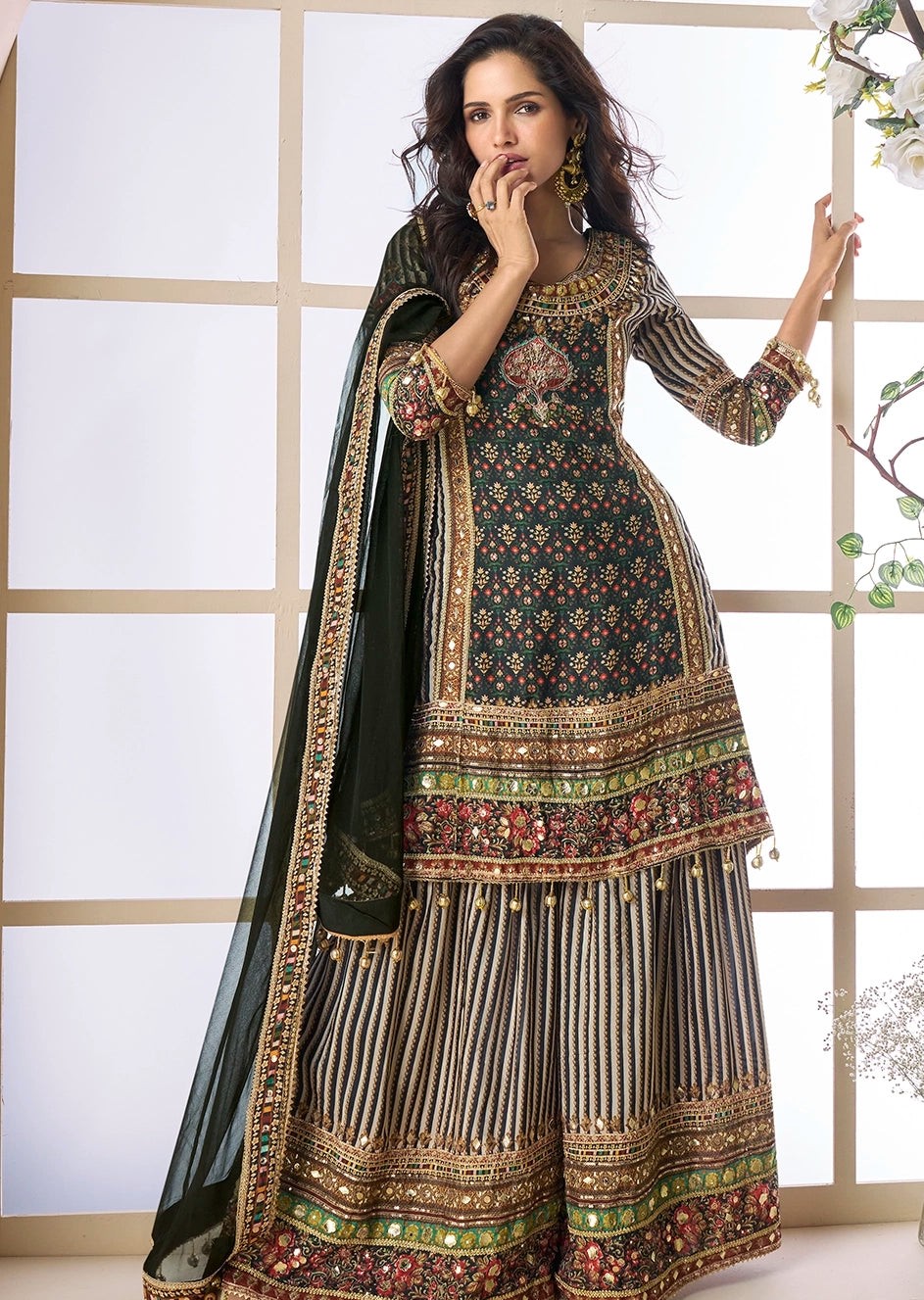 Black and Multicolor Crepe Silk Printed and Hand Embroidered Sharara Kurta Set