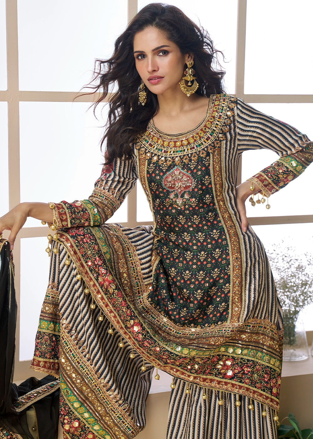 Black and Multicolor Crepe Silk Printed and Hand Embroidered Sharara Kurta Set