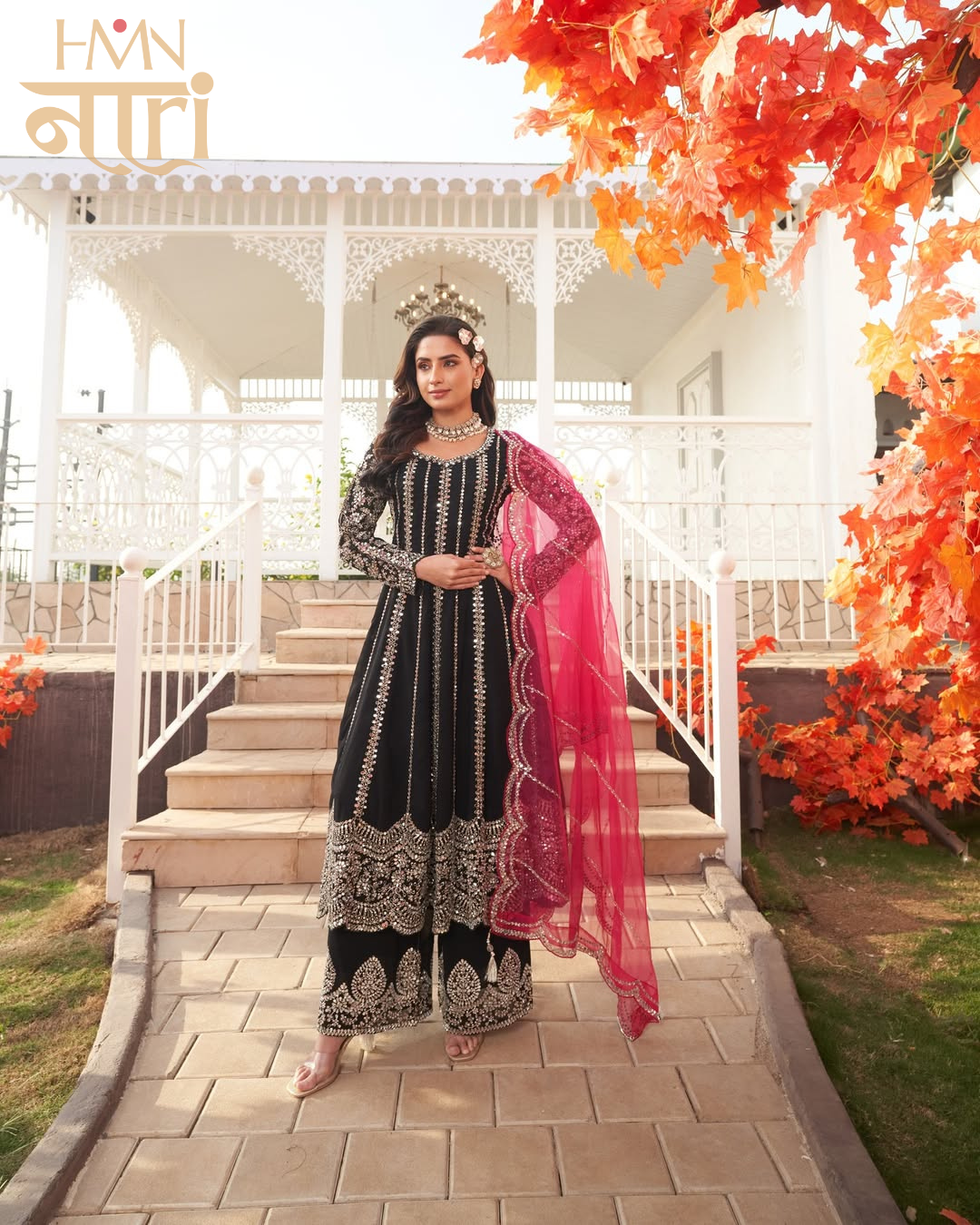 Black Mirror Work Kurta Palazzo Set with Pink Dupatta