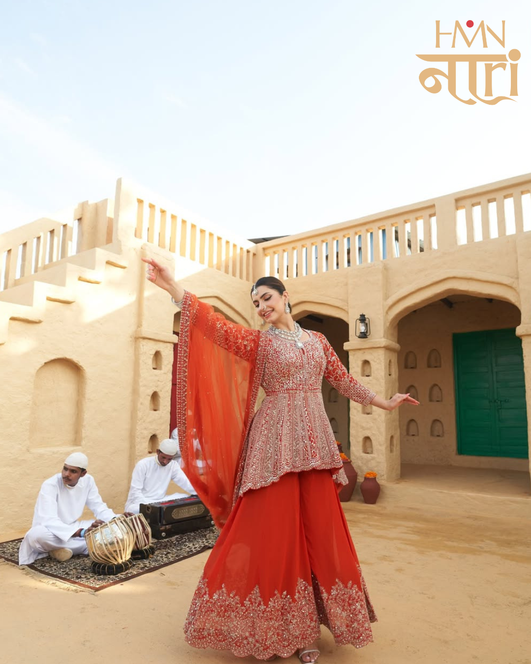 Womens Orange Embroidered Peplum Kurta Sharara Set with Mirror Work