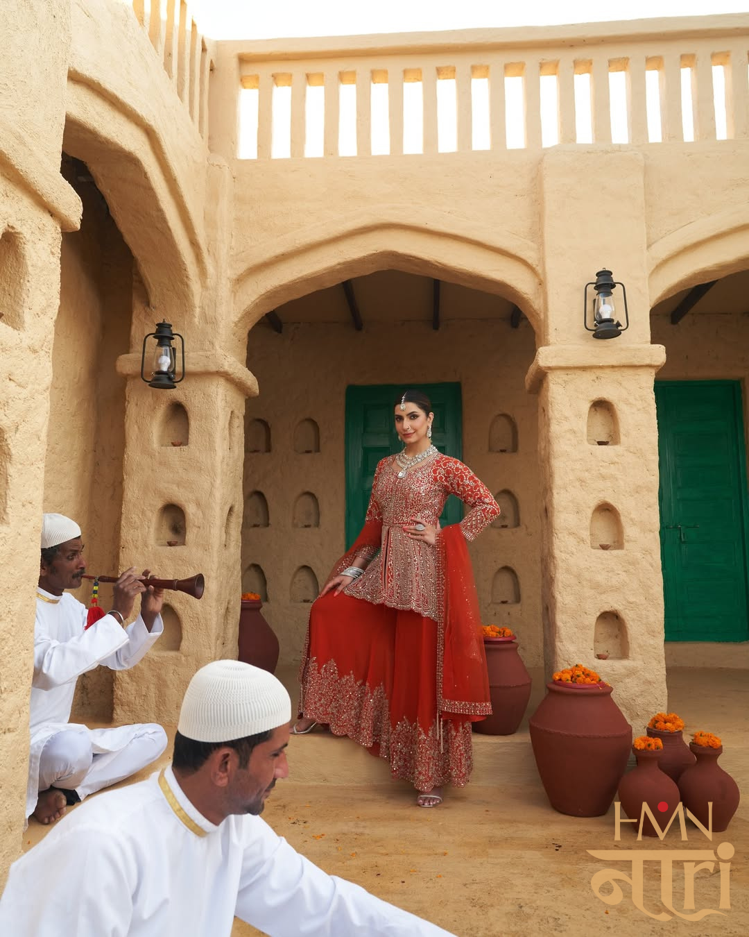 Womens Orange Embroidered Peplum Kurta Sharara Set with Mirror Work