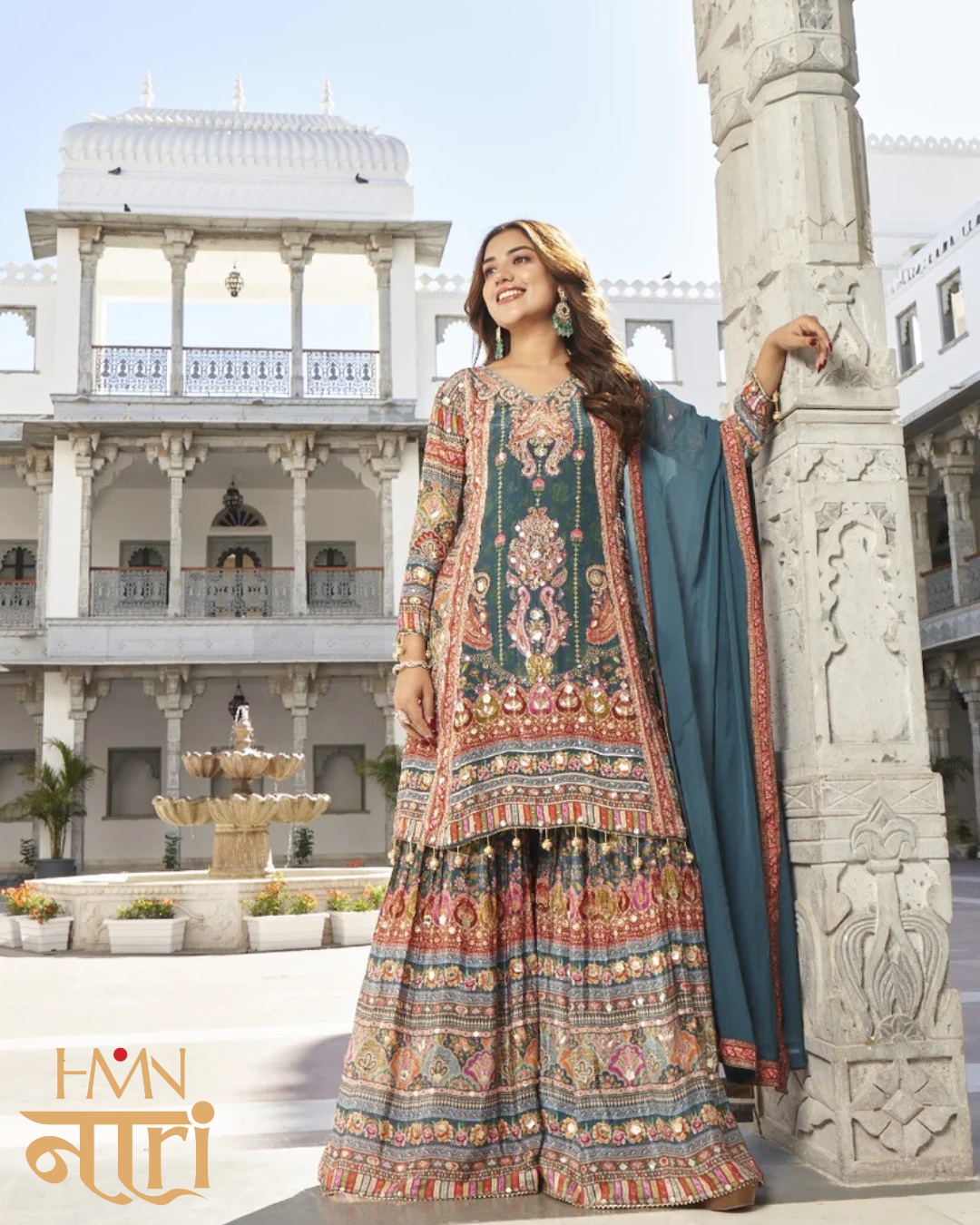 Womens Teal Green Printed Kurta Sharara Set with Dupatta Festive and Wedding Wear