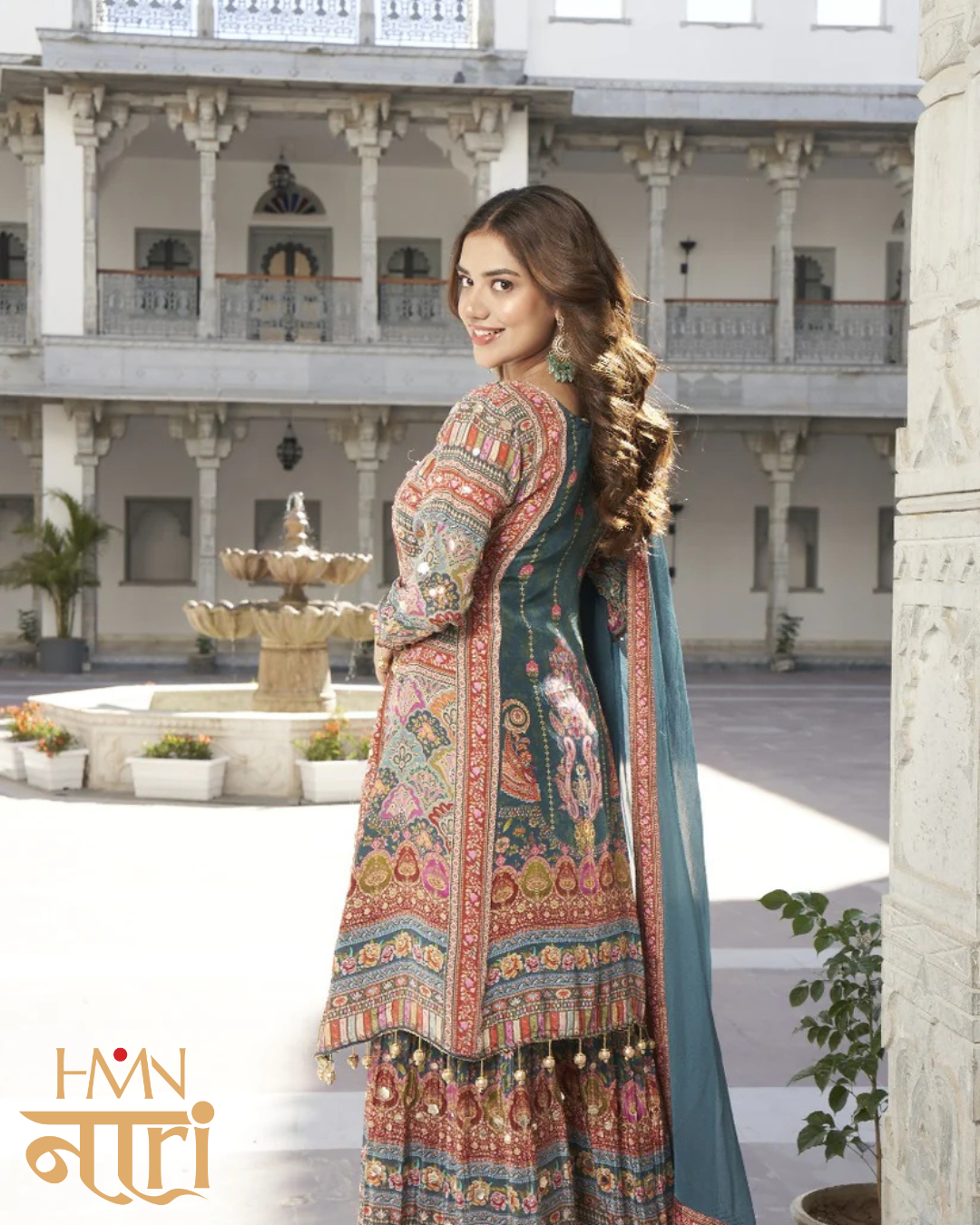 Womens Teal Green Printed Kurta Sharara Set with Dupatta Festive and Wedding Wear