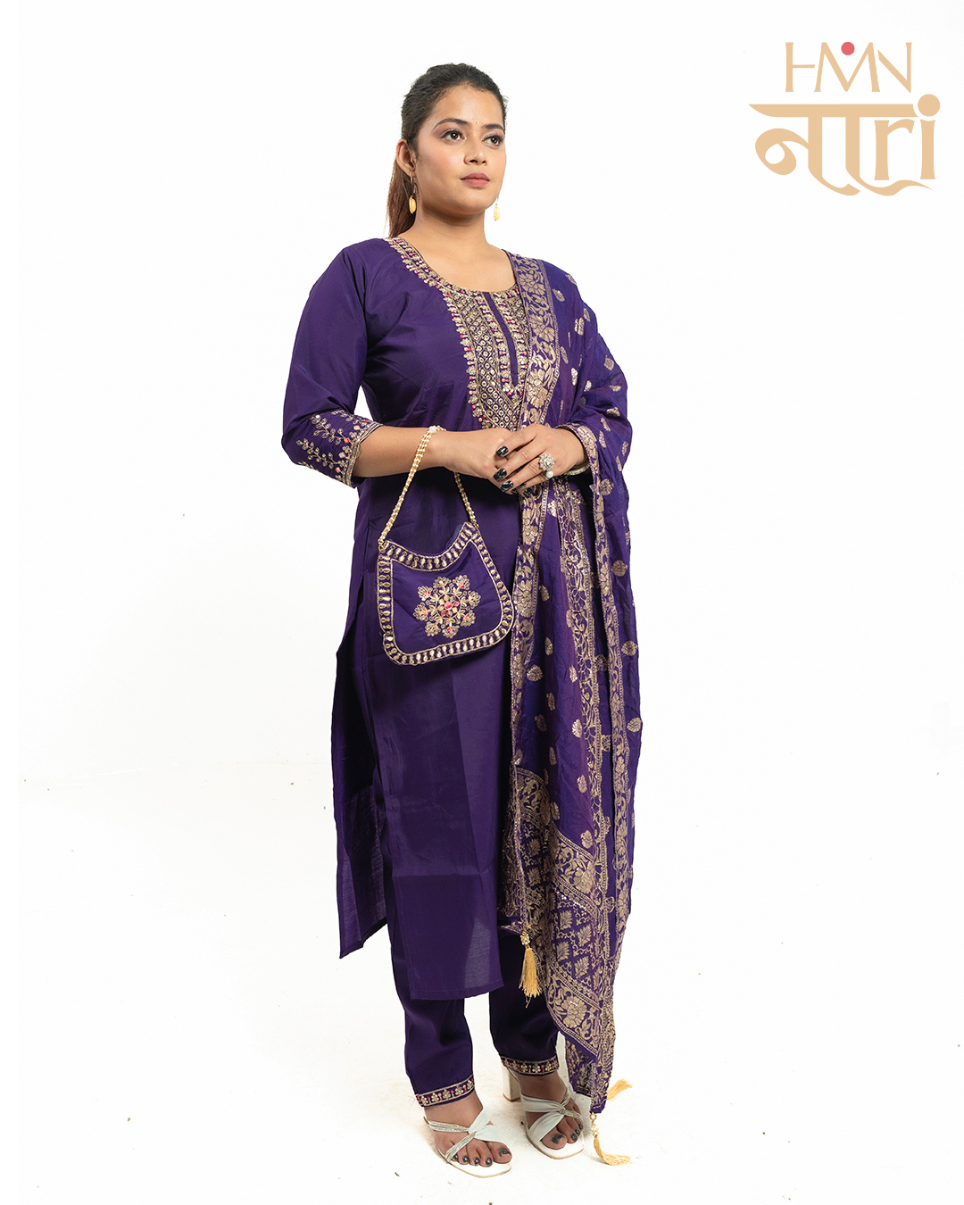 Women Purple Embroidered Kurta Pant Set with Dupatta and Potli Bag Festive Wear