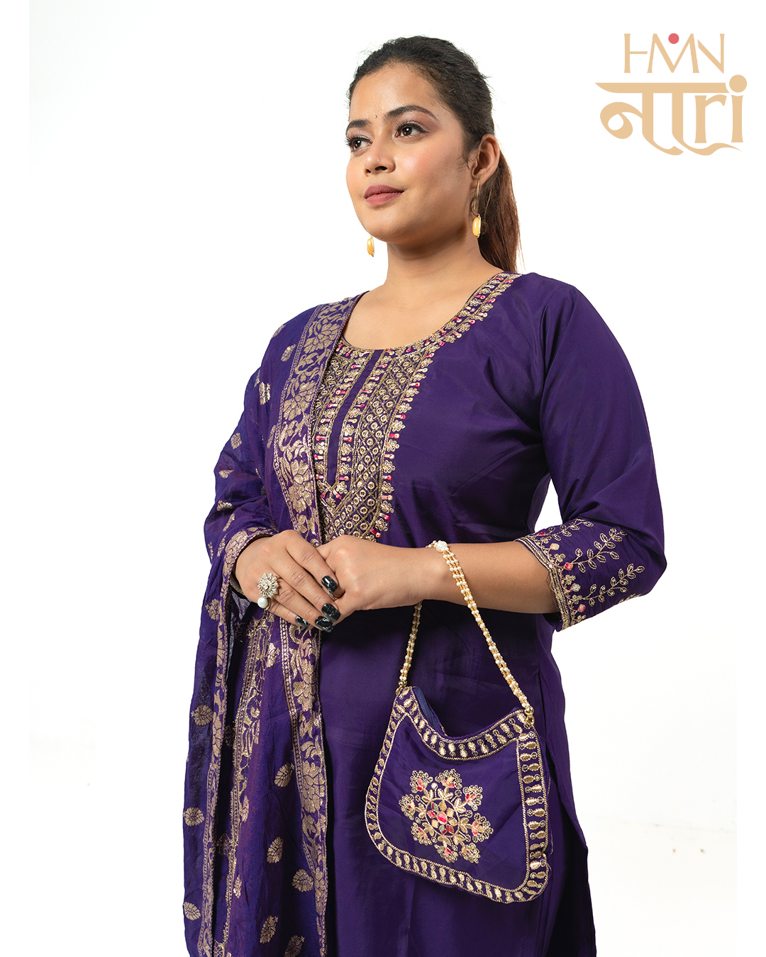 Women Purple Embroidered Kurta Pant Set with Dupatta and Potli Bag Festive Wear