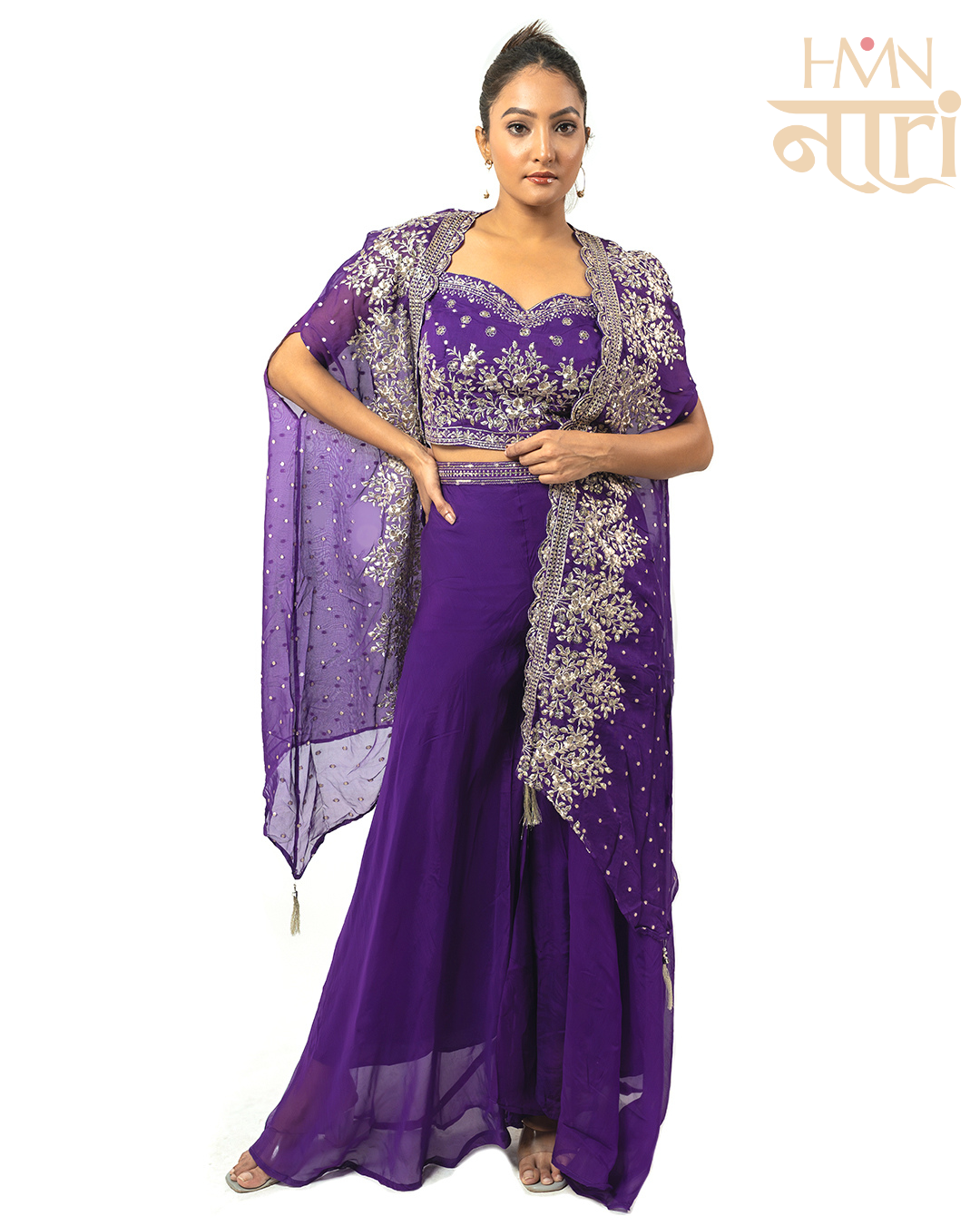 Purple Embroidered Crop Top Sharara Set with Cape Dupatta