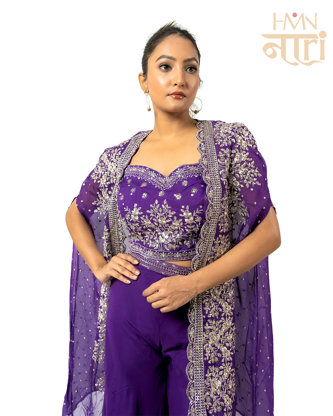 Purple Embroidered Crop Top Sharara Set with Cape Dupatta