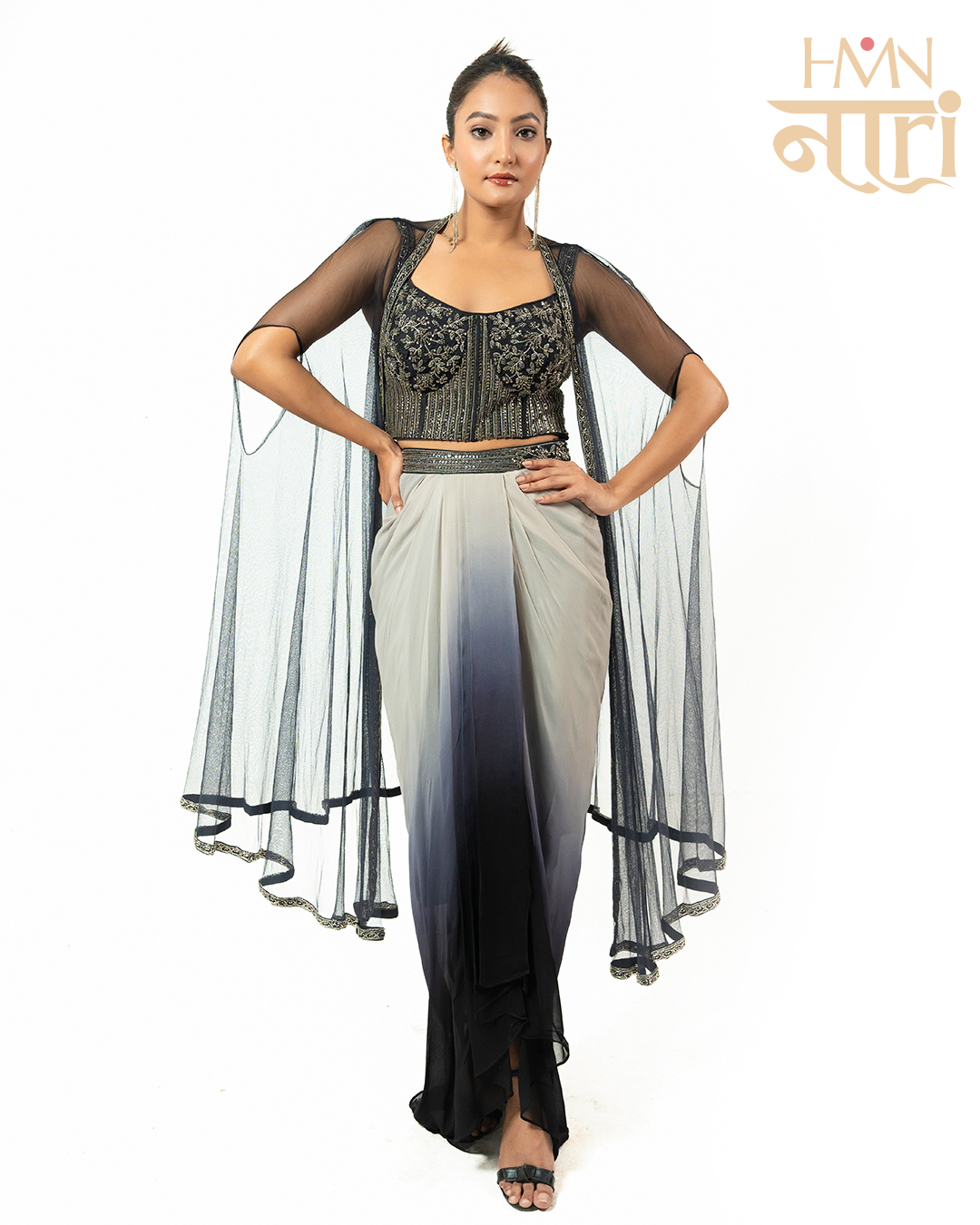 Hand Embroidered Black and Grey Ombre Drape Skirt Set with Cape