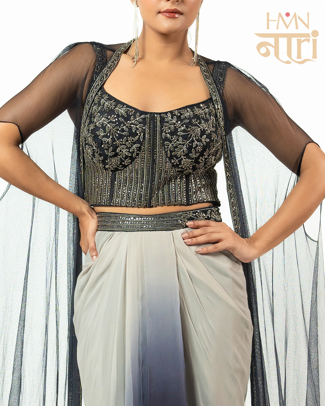 Hand Embroidered Black and Grey Ombre Drape Skirt Set with Cape