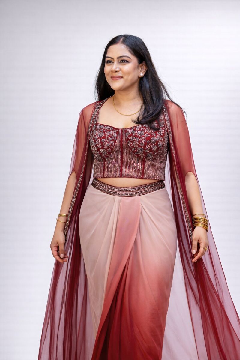 Hand Embroidered Wine and Peach Ombre Drape Skirt Set with Cape