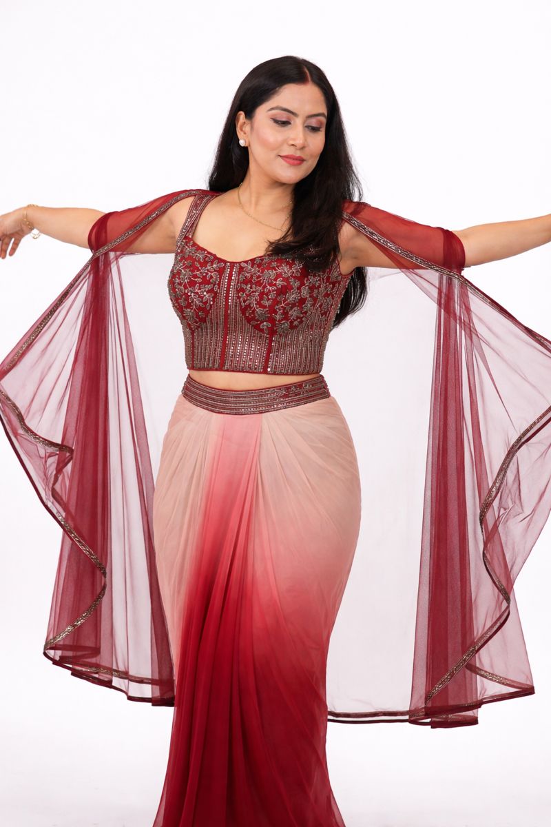 Hand Embroidered Wine and Peach Ombre Drape Skirt Set with Cape