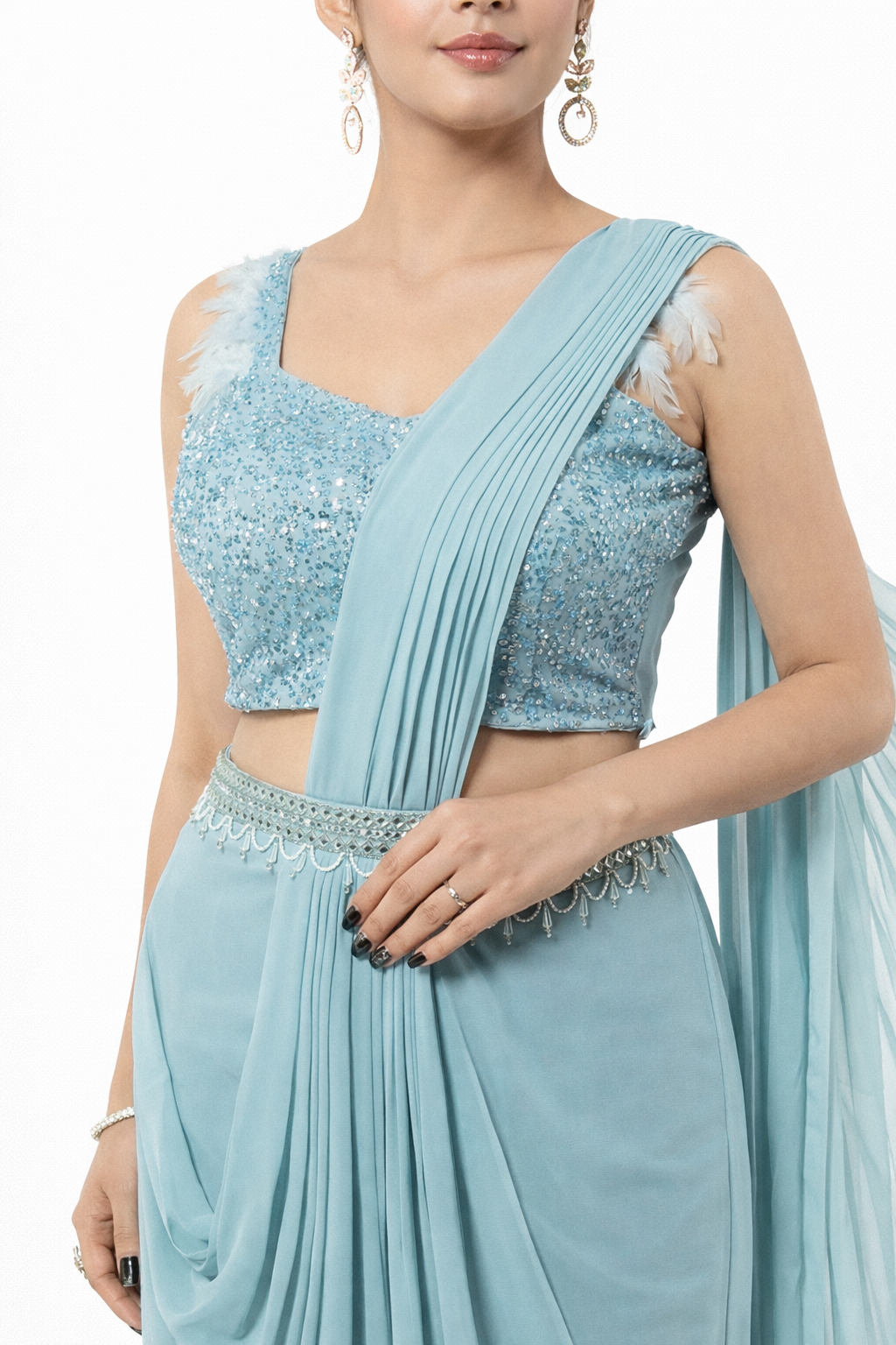 Powder Blue Draped Saree Style Set with Embellished Crop Top Belt and Feather Detail