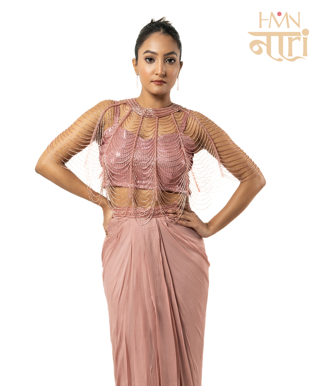 Blush Pink 3 Pc Indo Western Cowl Dress with Sequin Blouse and Beaded Poncho