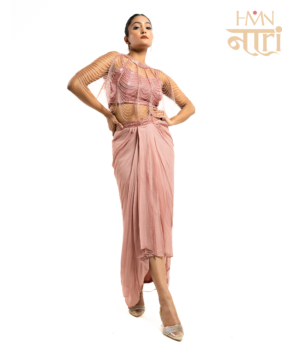 Blush Pink 3 Pc Indo Western Cowl Dress with Sequin Blouse and Beaded Poncho