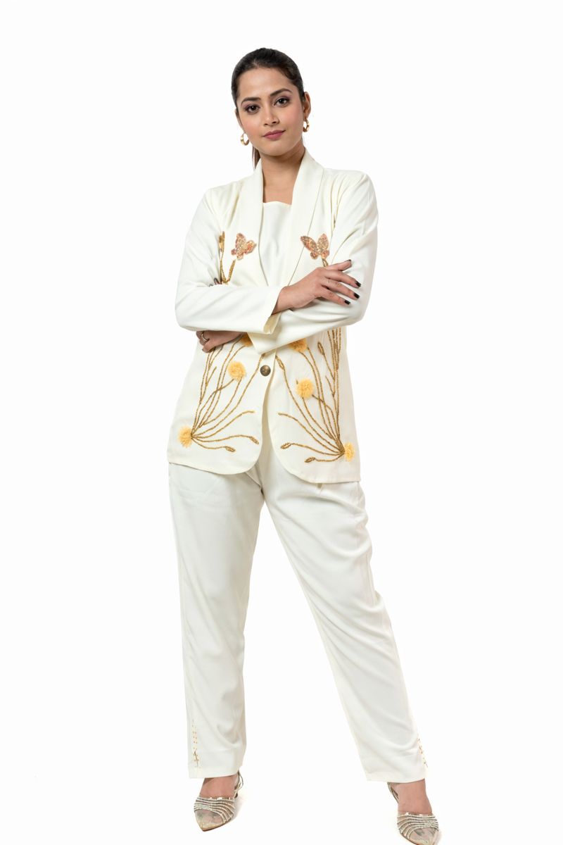 Ivory 3 Pc Embroidered Blazer Co Ord Set
