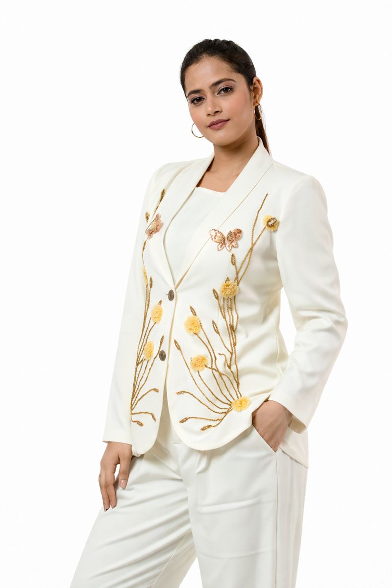 Ivory 3 Pc Embroidered Blazer Co Ord Set