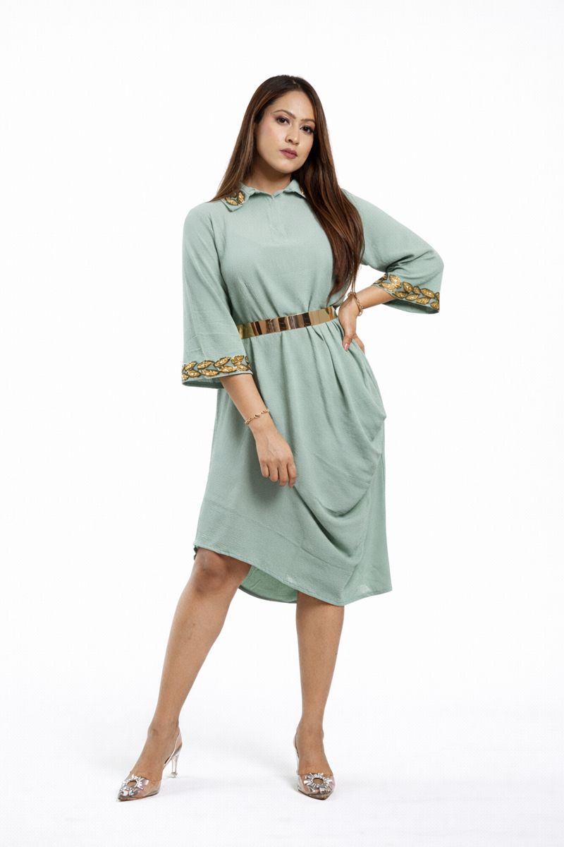Women’s Sage Green Embellished Belted Dress Elegant Contemporary Wear