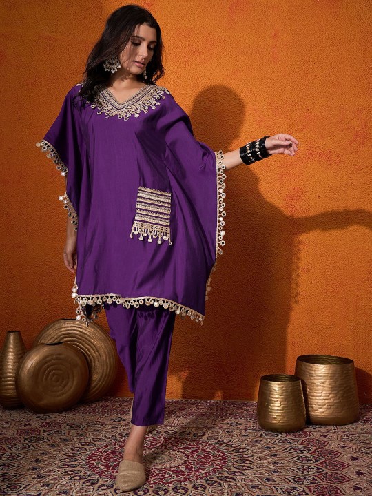 Purple Kaftan Kurta with Straight Pants for Women  Mirror Work Ethnic Festive Wear Set