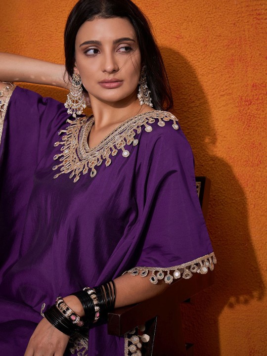 Purple Kaftan Kurta with Straight Pants for Women  Mirror Work Ethnic Festive Wear Set