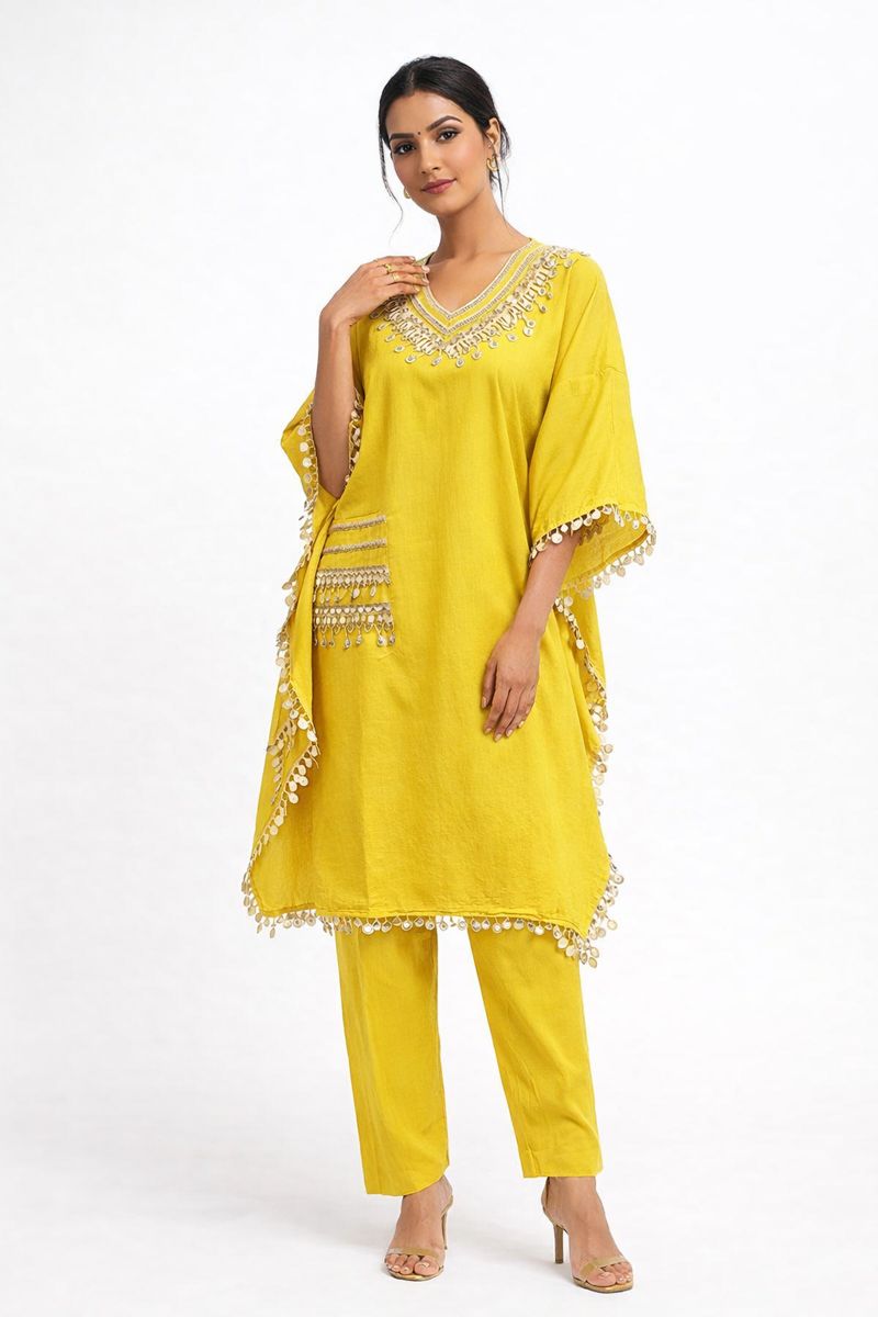 Women’s Mustard Yellow Kaftan Kurta Pant Set with Mirror Work Border  Haldi and Festive Wear