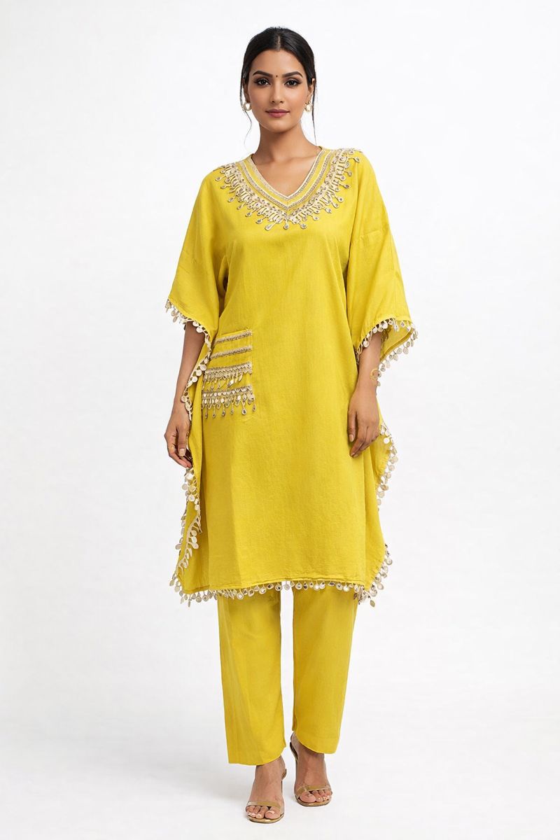 Women’s Mustard Yellow Kaftan Kurta Pant Set with Mirror Work Border  Haldi and Festive Wear