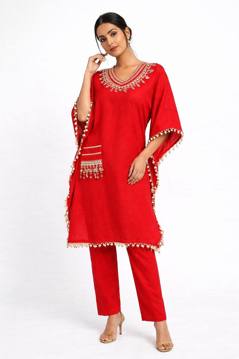 Red Mirror Work Kaftan Kurta Set for Women