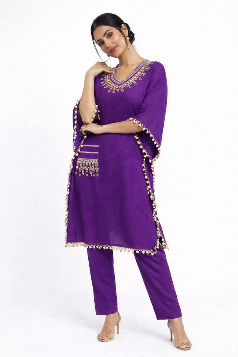 Women Royal Purple Kaftan Style Kurta with Pants