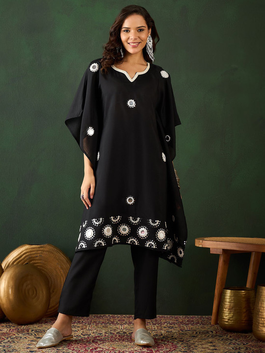 Black Ethnic Motifs Embroidered Mirror Work Kaftan Kurta with Trouser