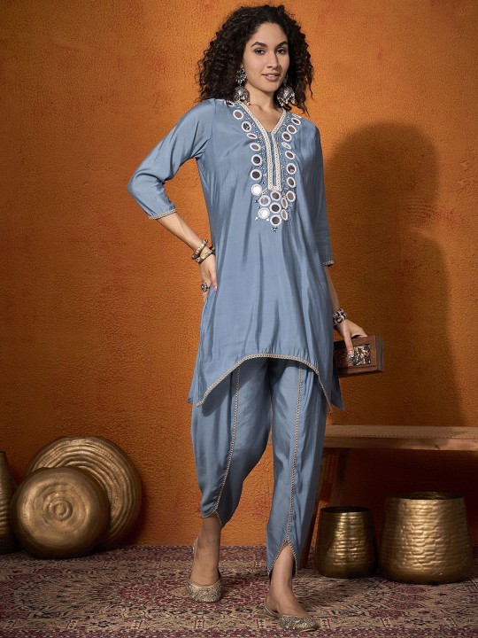 Powder Blue Mirror Work Tunic with Trouser Co Ord Set