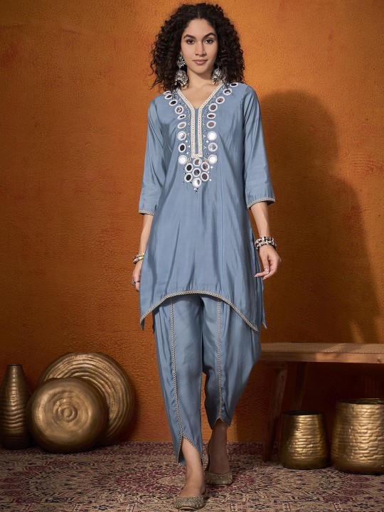 Powder Blue Mirror Work Tunic with Trouser Co Ord Set