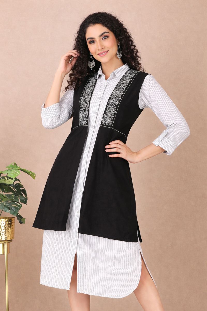 White Grey Striped Kurta with Black Embroidered Sleeveless Jacket