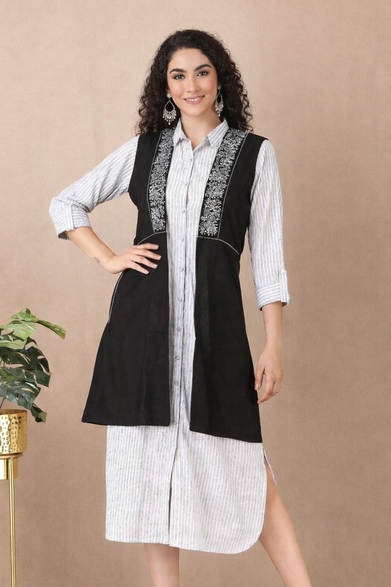 White Grey Striped Kurta with Black Embroidered Sleeveless Jacket