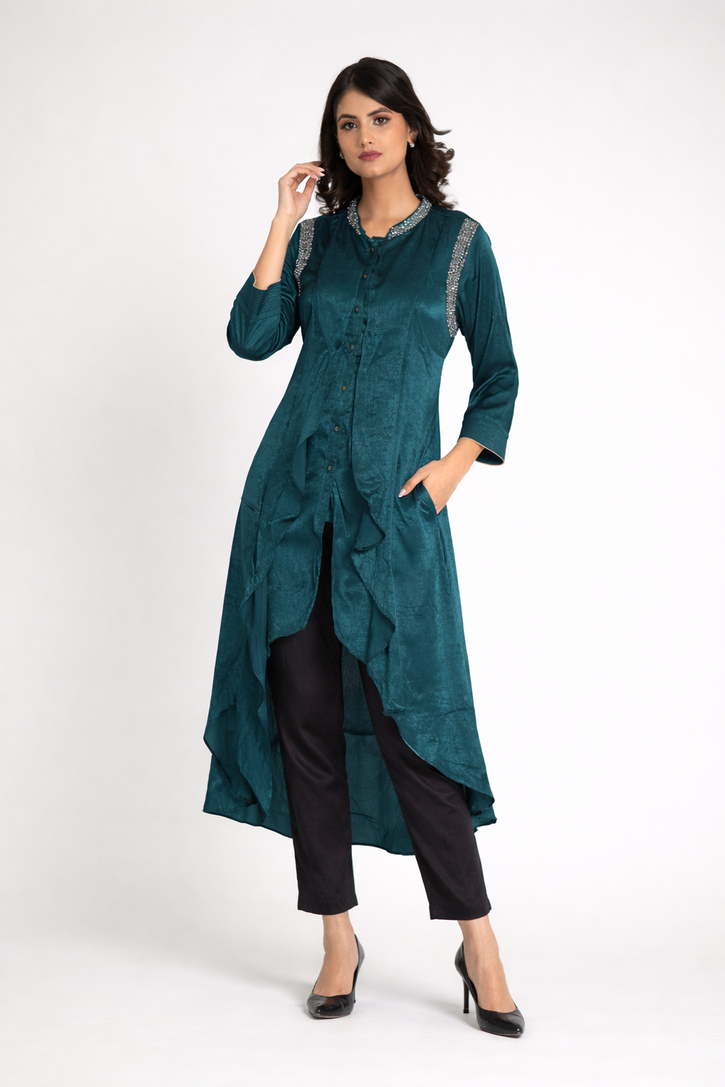 Teal Green Hand Embellished Ruffle Kurta